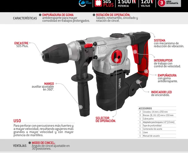 ROTOMARTILLO ELECTRONEUMÁTICO SDS PLUS 1500 W, 120 V, 6J, 0-