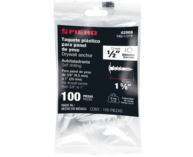 Bolsa con 100 Taquetes Plsticos 1/2", para Panel de Yeso