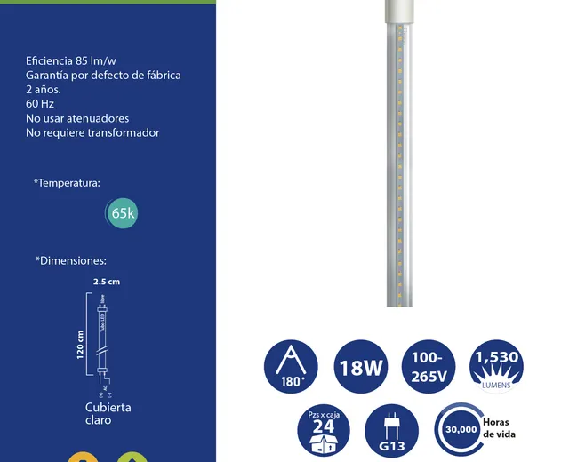 Tubo LED T8 36W 65K 100-265v Claro 2.40m Acrilico