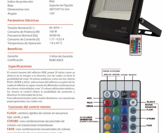 Reflector LED Rgb 100W Rzh-100w-rg Tecnoled